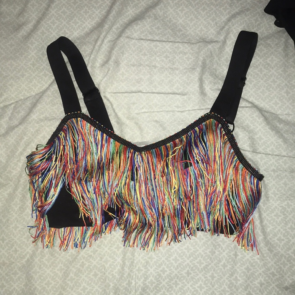 Rainbow fringe tassel super crop top